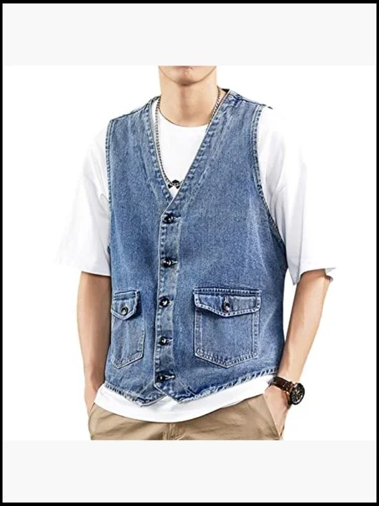 Slim Fit Denim Vest Sleeveless Jacket Casual Outdoor Wear - Picture 3 of 7